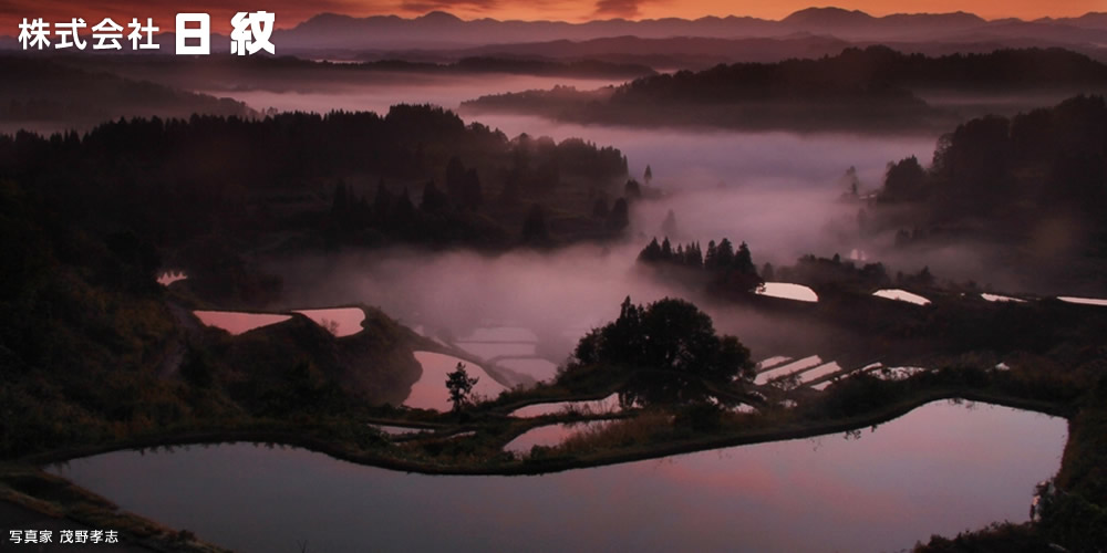日紋のある新潟県十日町市の秋の風景：朝靄の松代星峠の棚田